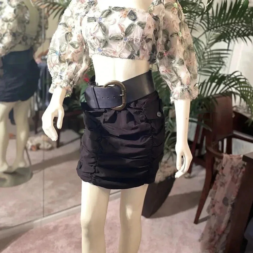 BLACK VALIA HIGH WAIST SHIRRED MINI SKIRT WITH FRONT FACING POCKETS 1x - Picture 14 of 15